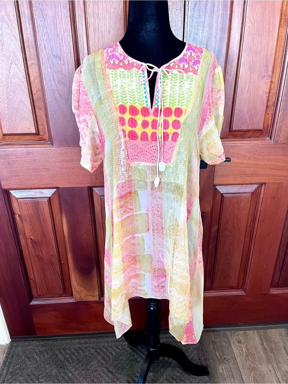 Anthropologie Niki Tlanapan Short-Sleeve Silk Sequin Dress Tunic Beach Cover L